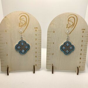 Blue and Silver Quatrefoil‎ Earrings with Intricate Detailing